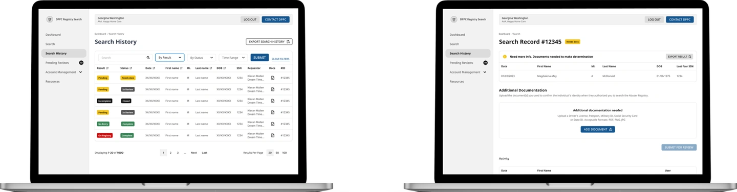 Two laptops showing the DPPC Registry Search app: a Search History table and a Search Record screen asking for additional documentation