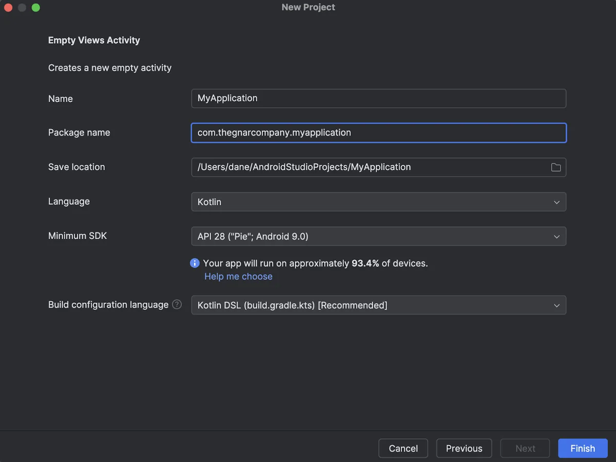 Android Studio new project settings for an Empty Views Activity, with name, package name, language Kotlin and minimum SDK
