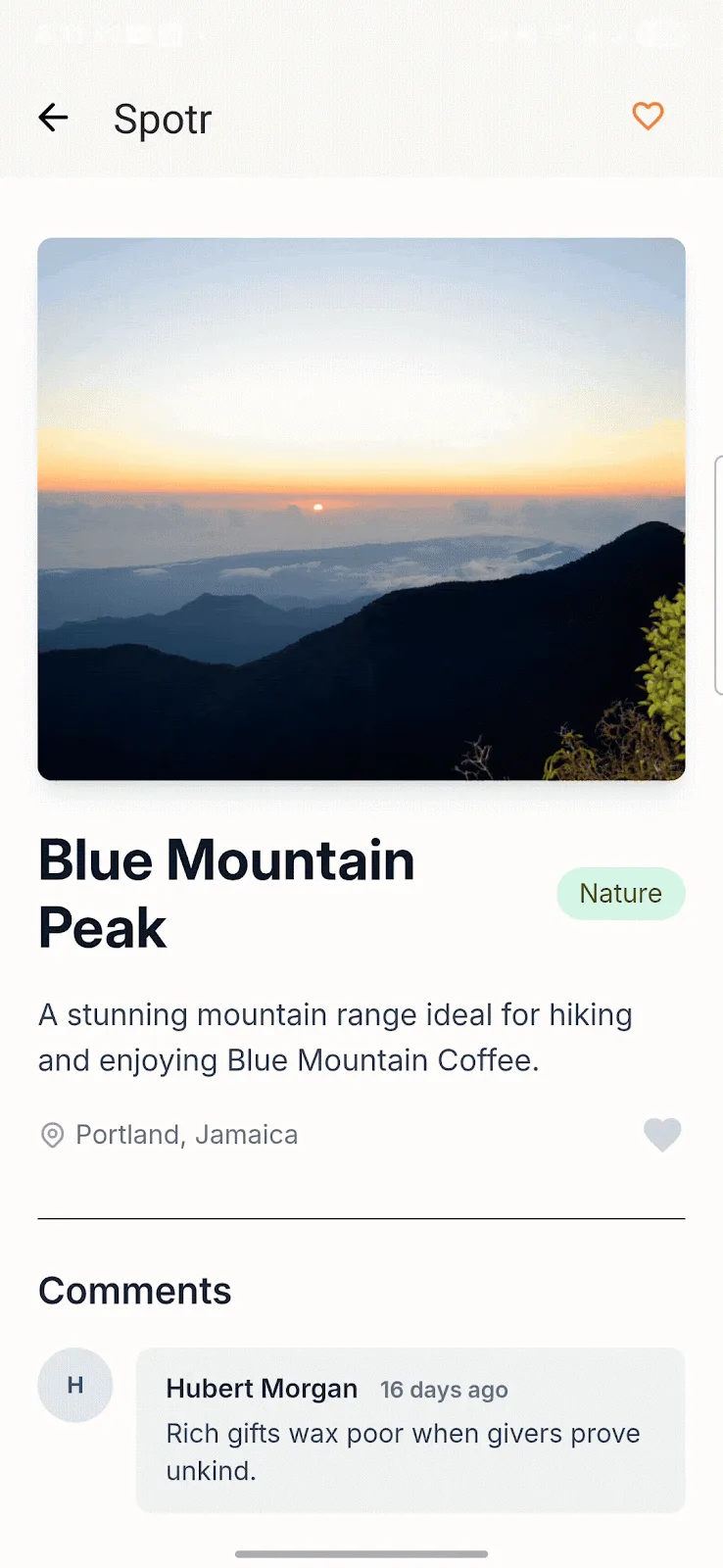 Spotr app screen on Android showing the Blue Mountain Peak spot with a photo, description and comments