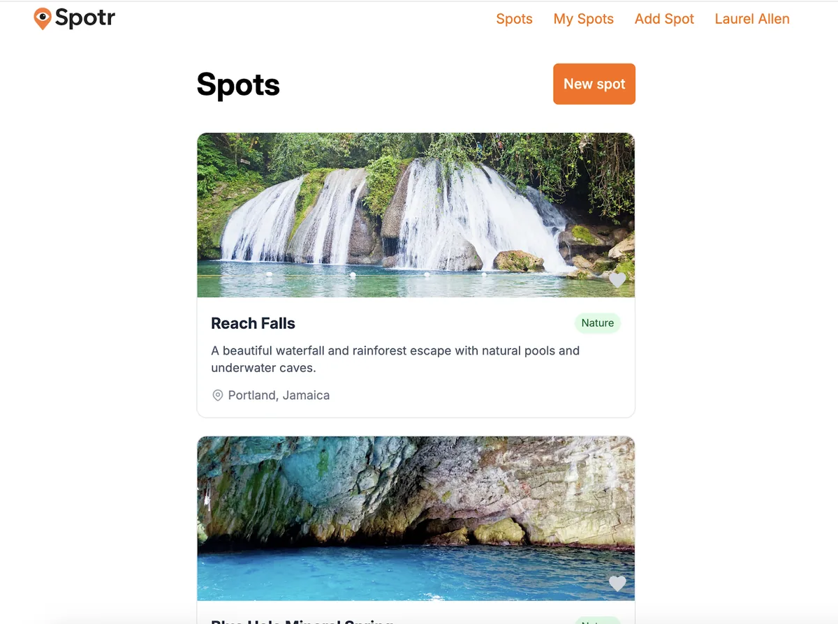 Spotr web app listing spots, with Reach Falls and a second spot shown as cards