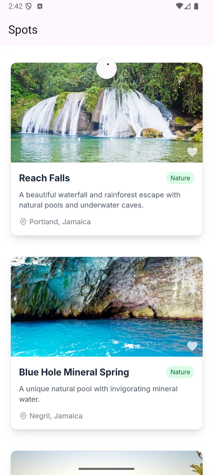 Spotr spots list on Android with Reach Falls and Blue Hole Mineral Spring cards