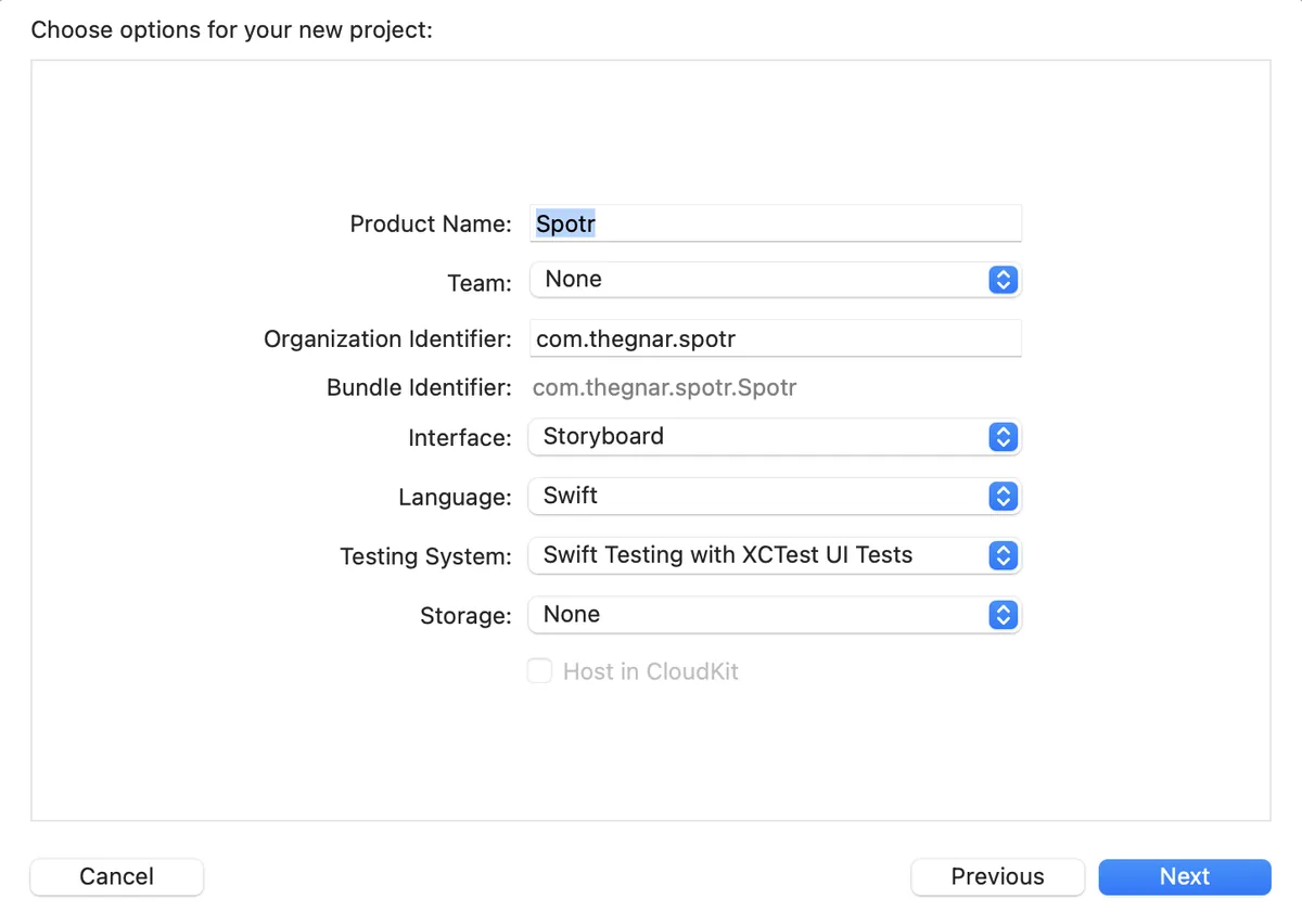 Xcode new project options for the Spotr app, with Storyboard interface and Swift language