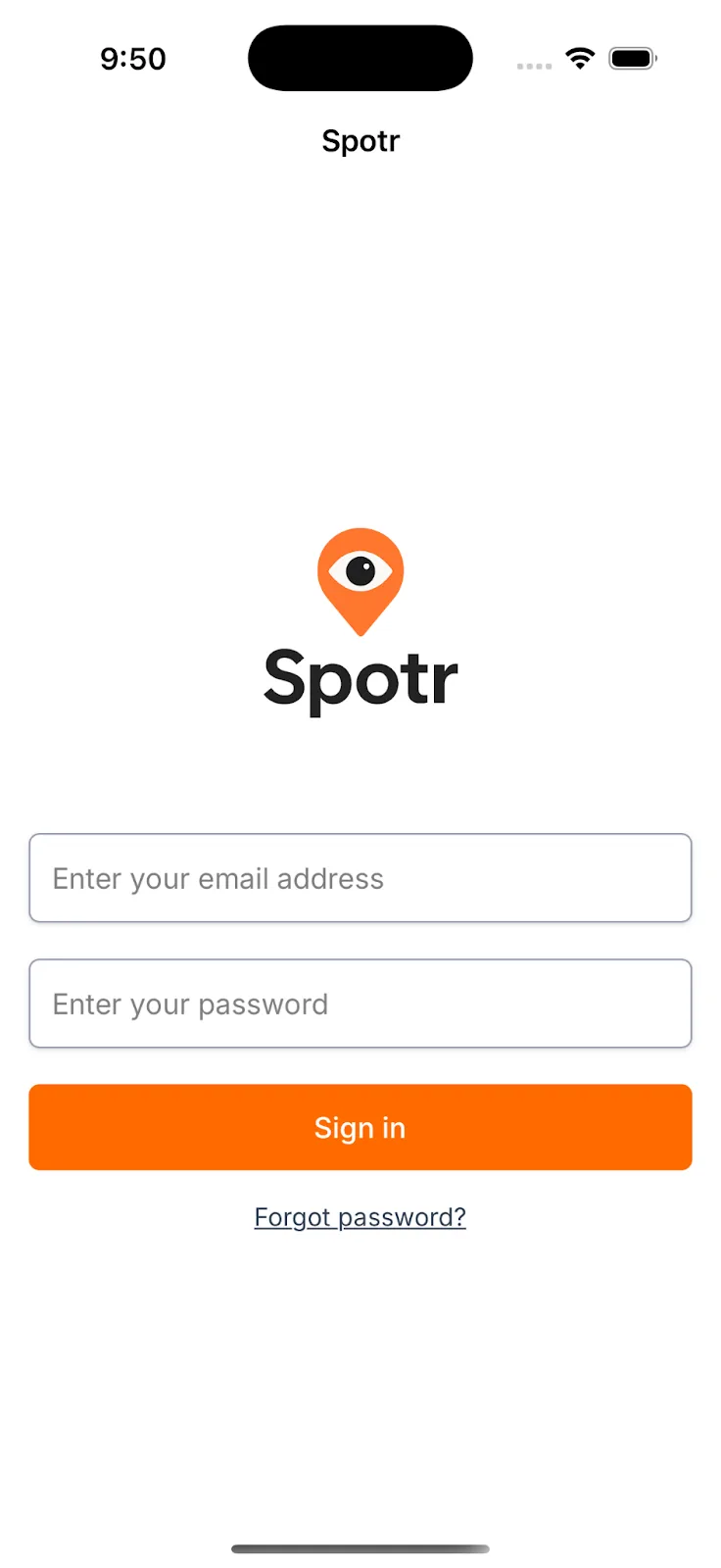Spotr sign-in screen on iPhone with email and password fields and a Sign in button