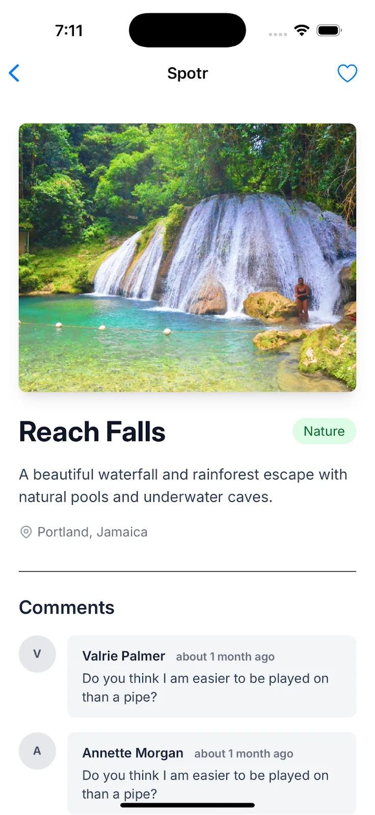Spotr app on iOS showing the Reach Falls spot with a waterfall photo, description and comments
