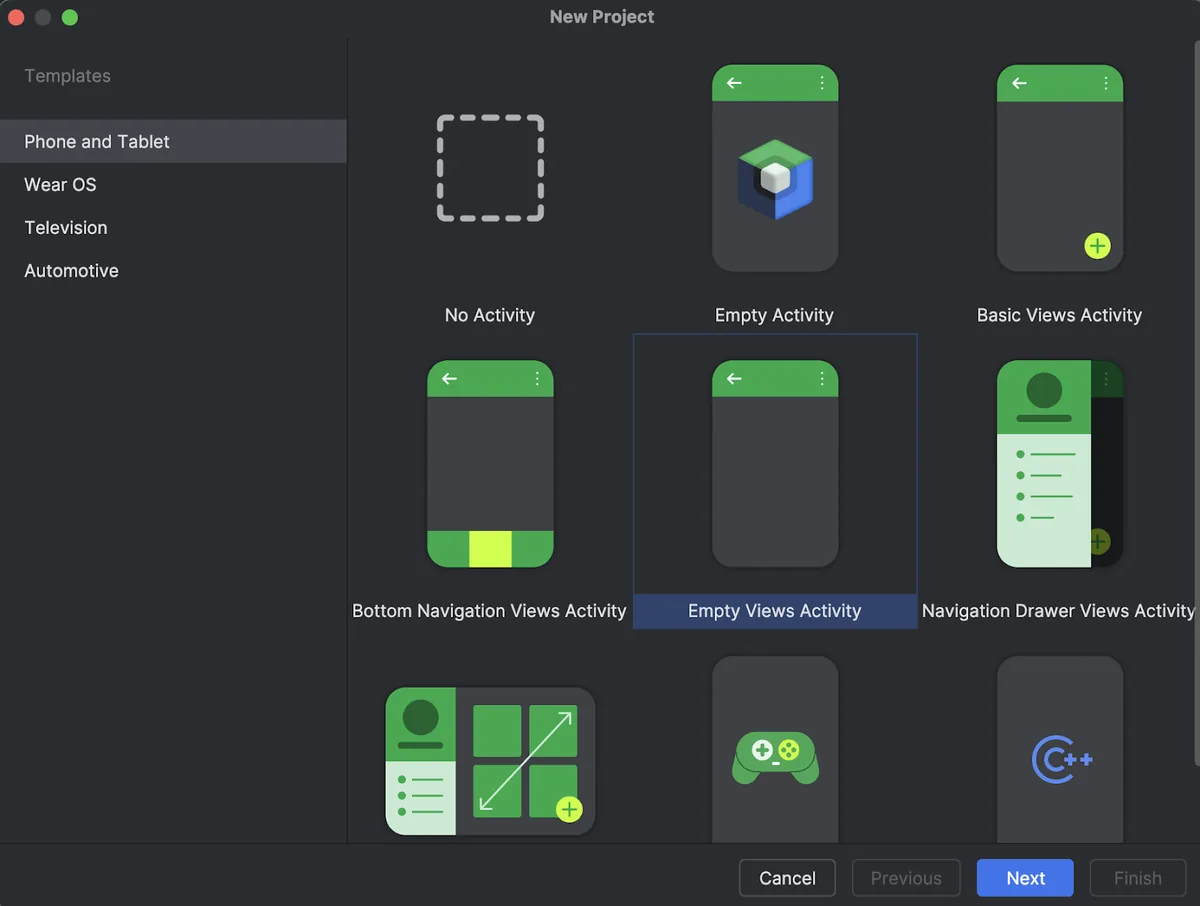 Android Studio New Project dialog with the Empty Views Activity template selected