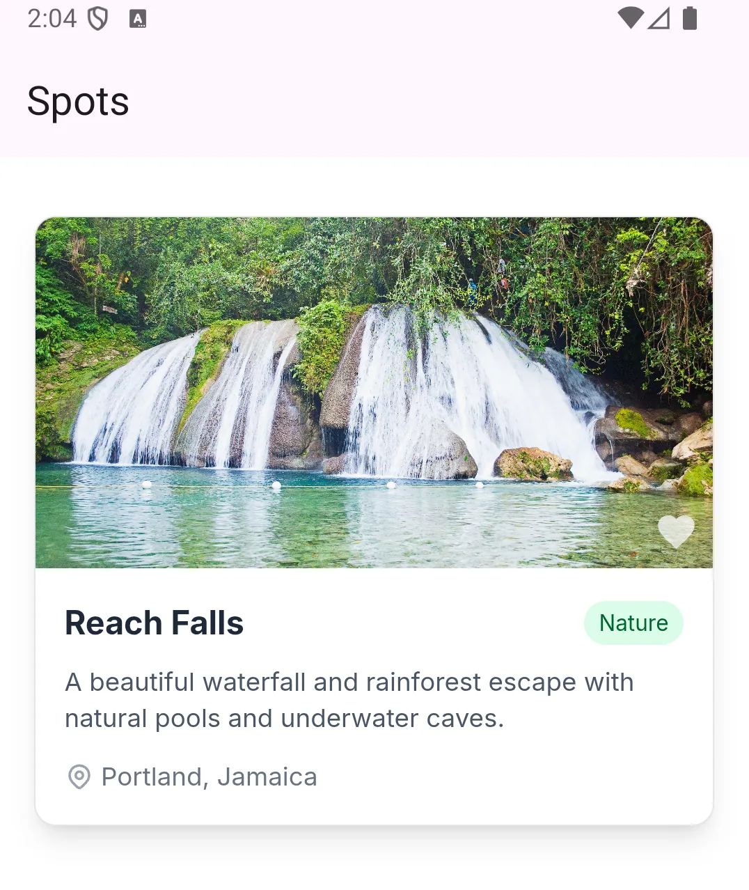 Spotr Spots screen on Android with the Reach Falls card in native navigation