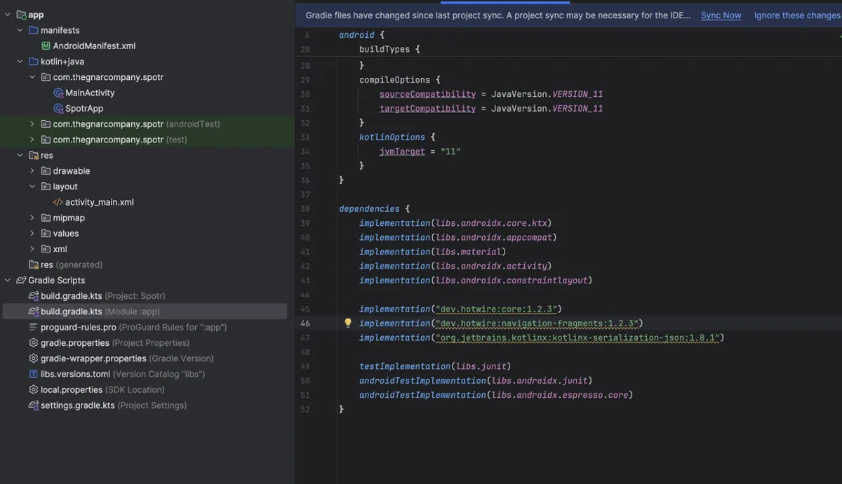 Android Studio editor showing the app module's Gradle build file with Hotwire Native dependencies added