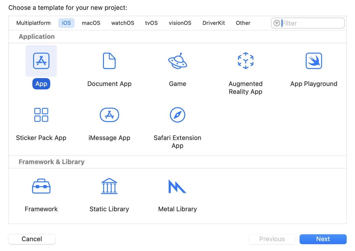 Xcode new project template picker with iOS App selected
