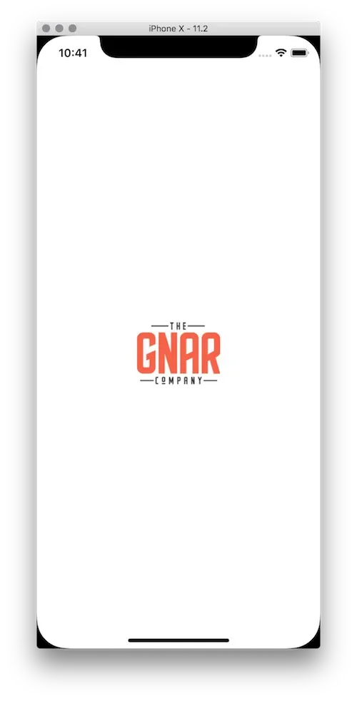 iPhone X simulator showing the launch screen filling the full display, with The Gnar Company logo