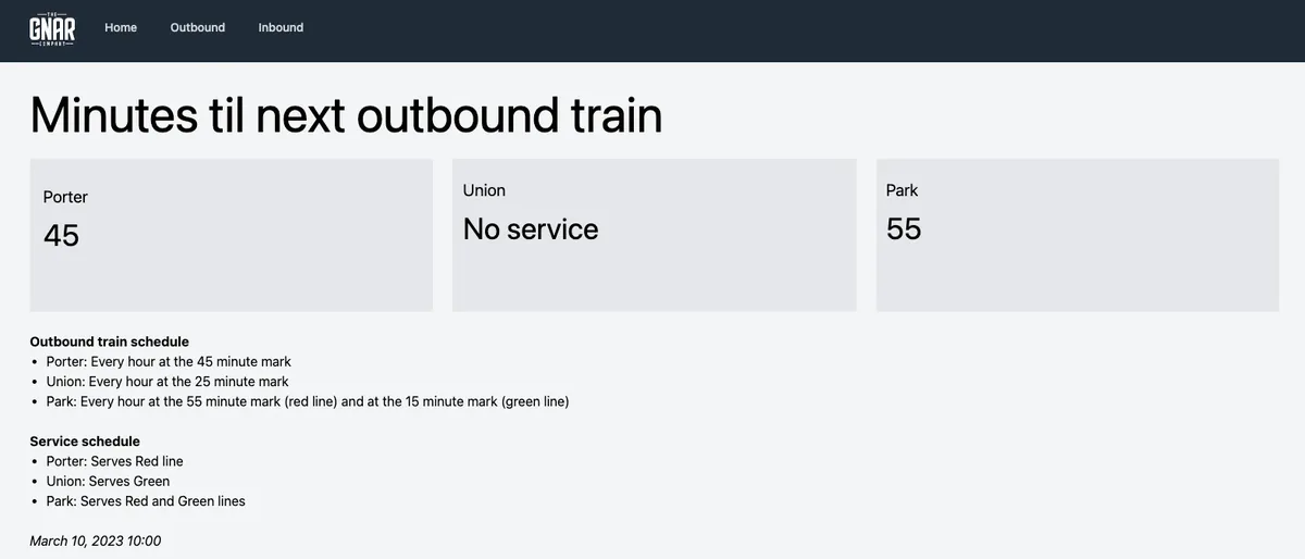 Screenshot of UI showing service details with no service to Union station.