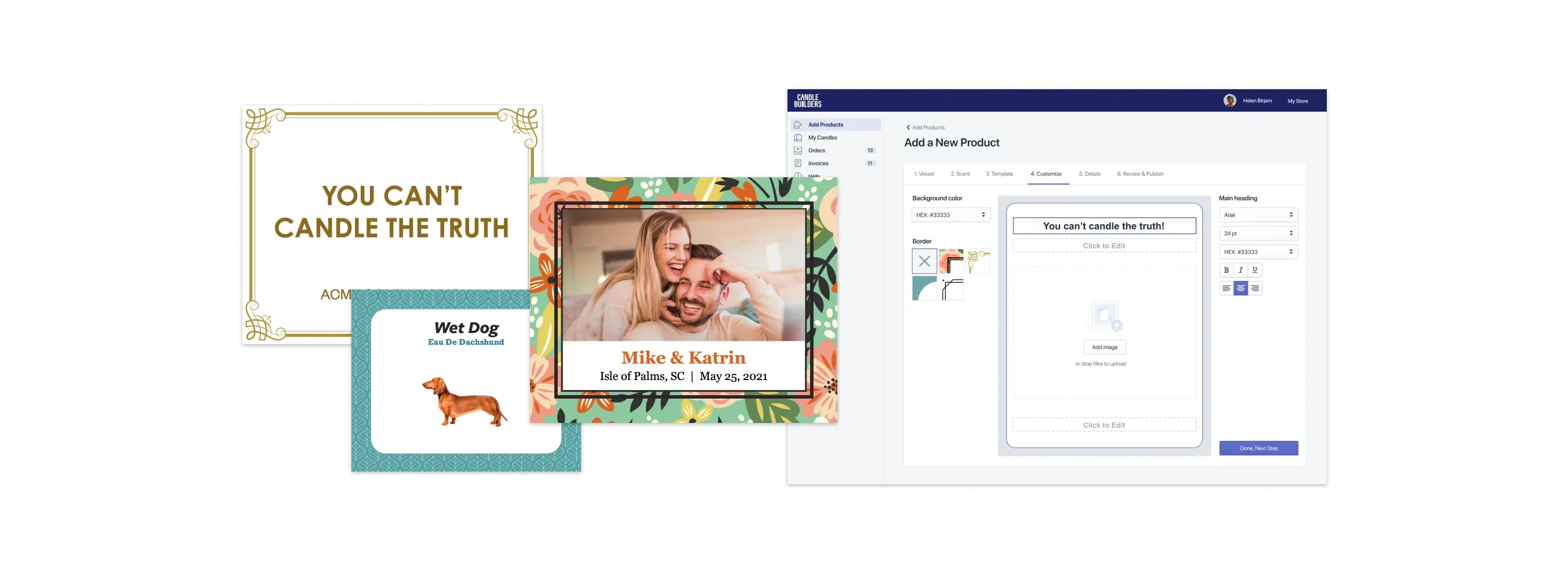 Three sample candle labels beside the Candlebuilders Shopify app's Add a New Product screen