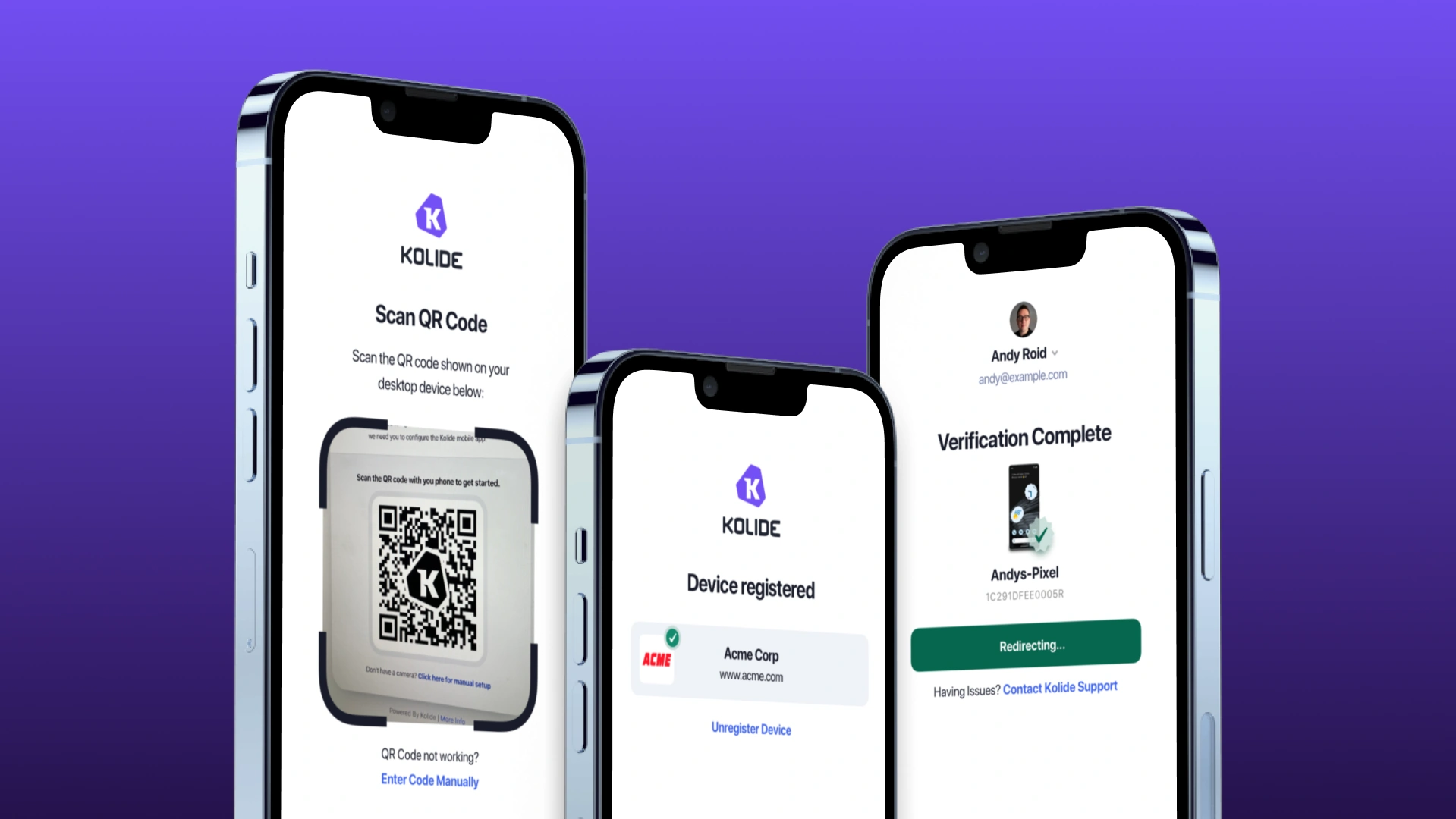 Three phones showing the Kolide app: a Scan QR Code screen, a Device registered screen for Acme Corp, and a Verification Complete screen
