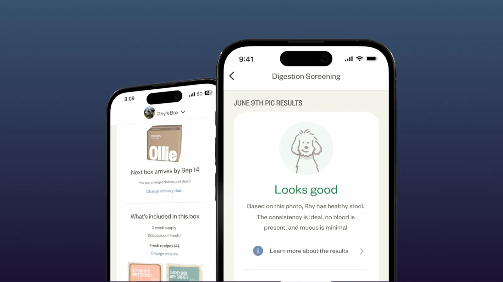 Two phones showing the Ollie app: a subscription box screen with the next delivery date, and a Digestion Screening result that reads Looks good