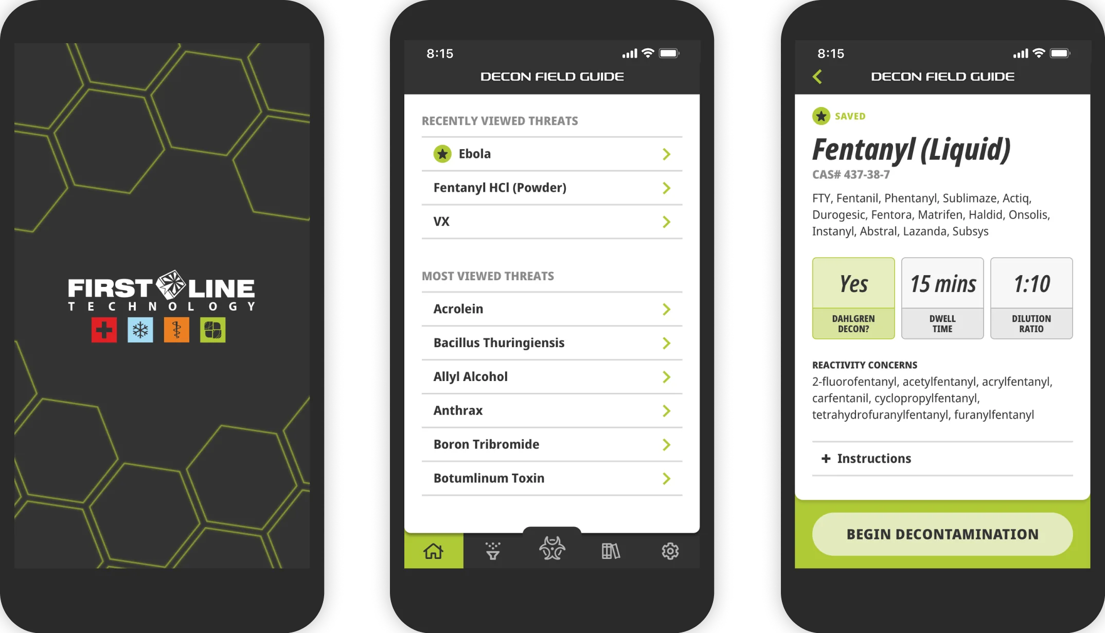 Three phones showing the Decon Field Guide app: the First Line Technology splash screen, a list of recently and most viewed threats, and the Fentanyl (Liquid) entry with a Begin Decontamination button