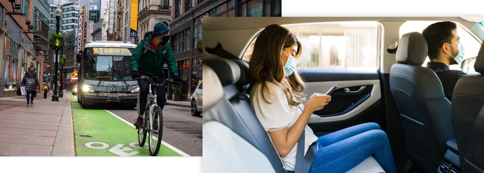 A cyclist in a green bike lane beside a city bus, and a passenger in a face mask using a phone in the back seat of a car