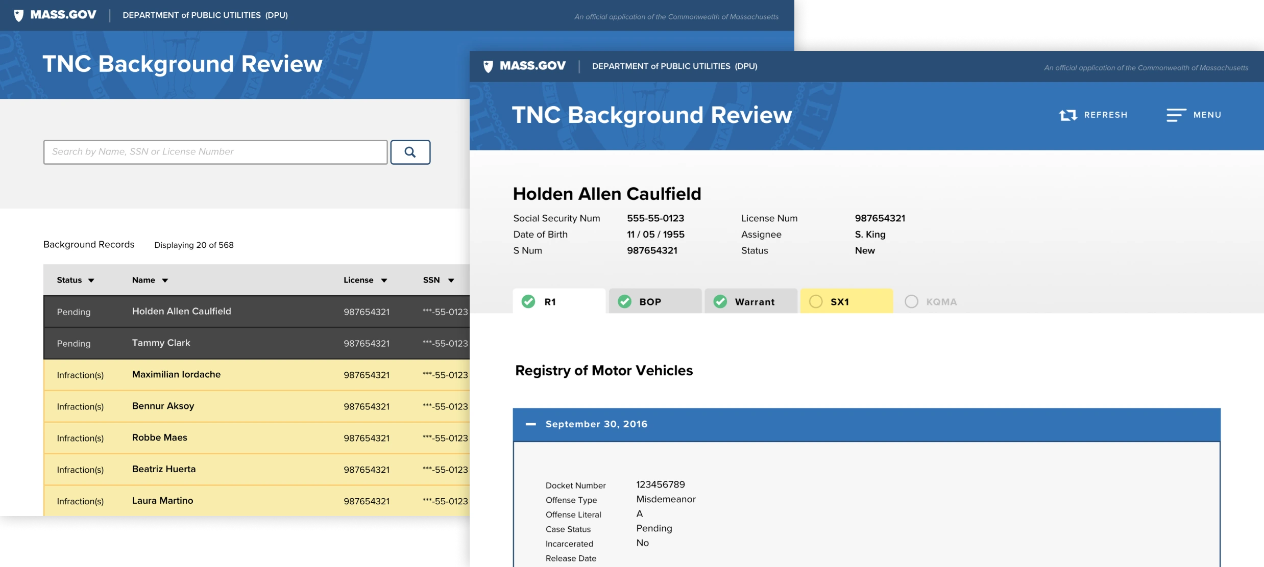Two TNC Background Review screens from the Department of Public Utilities: a list of background records and one applicant's record
