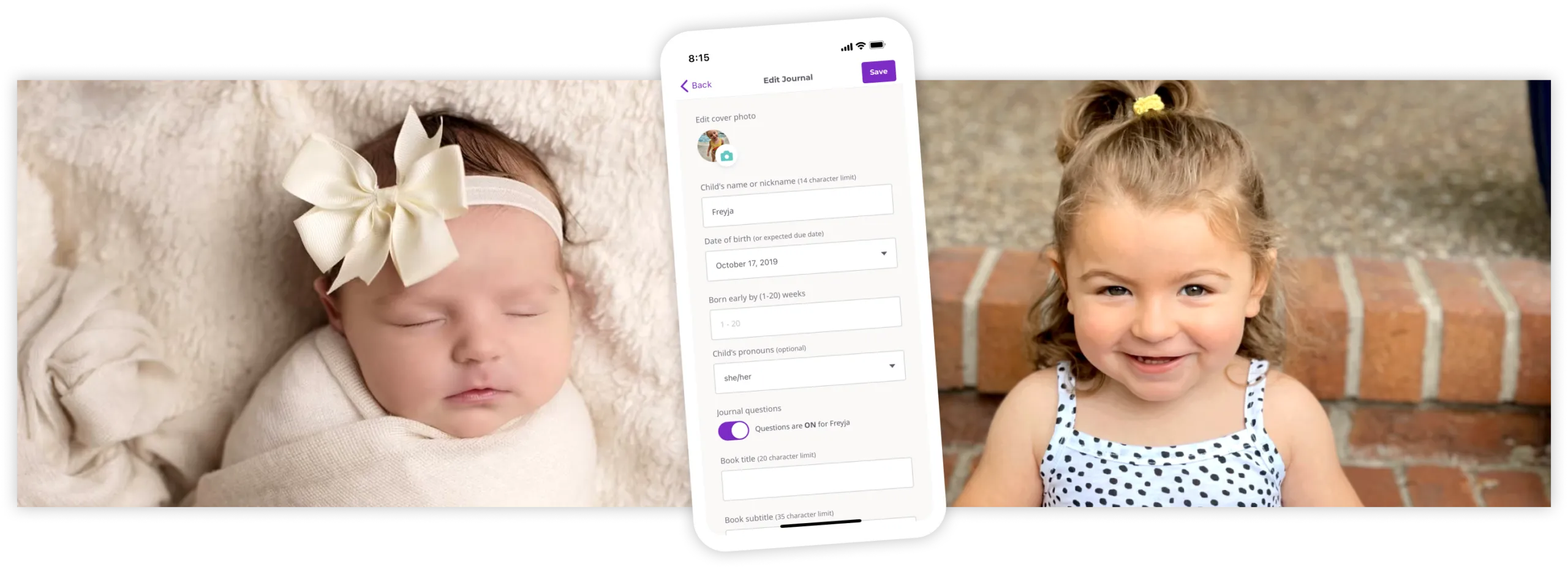 The Qeepsake app's journal settings screen on a phone, between photos of a baby and a young girl