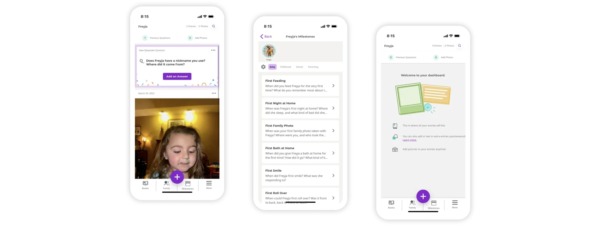Three Qeepsake app screens on phones: a journal entry with a photo of a child, a milestones list, and a welcome dashboard