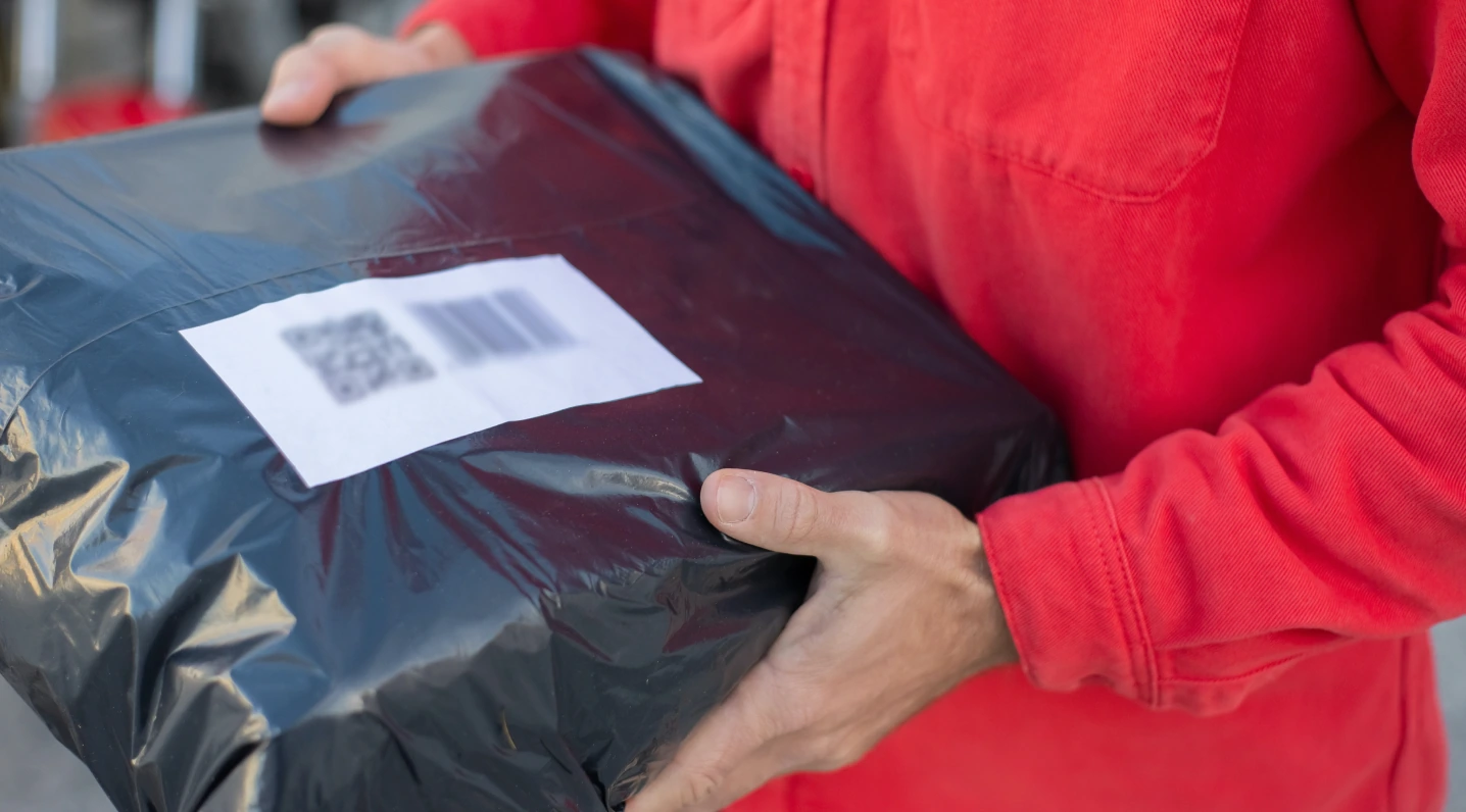 Hands in a red sleeve holding a black plastic mailer with a shipping label