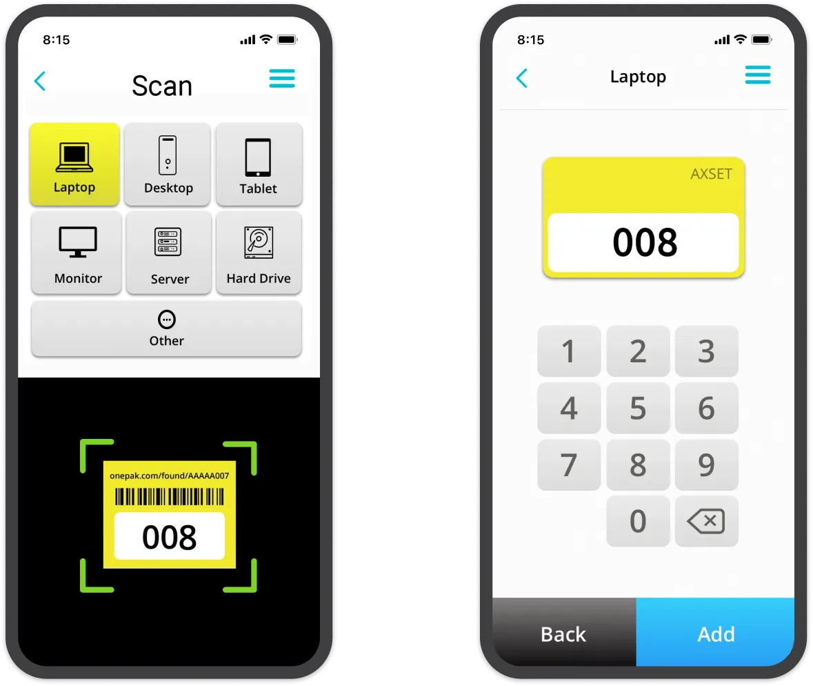 Two phone screens showing device types, a scanned asset label and a number keypad.